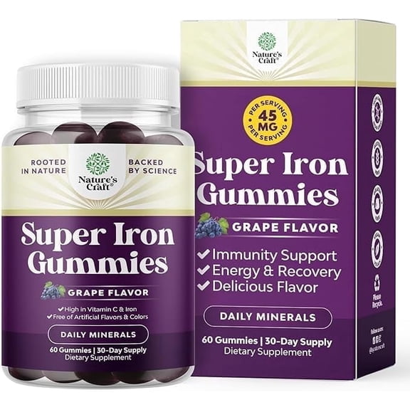 Natures Craft Extra Strength 45mg per Serving Vegan Iron Gummies for Women and Men - No Artificial Flavors with Vitamin C for Higher Absorption