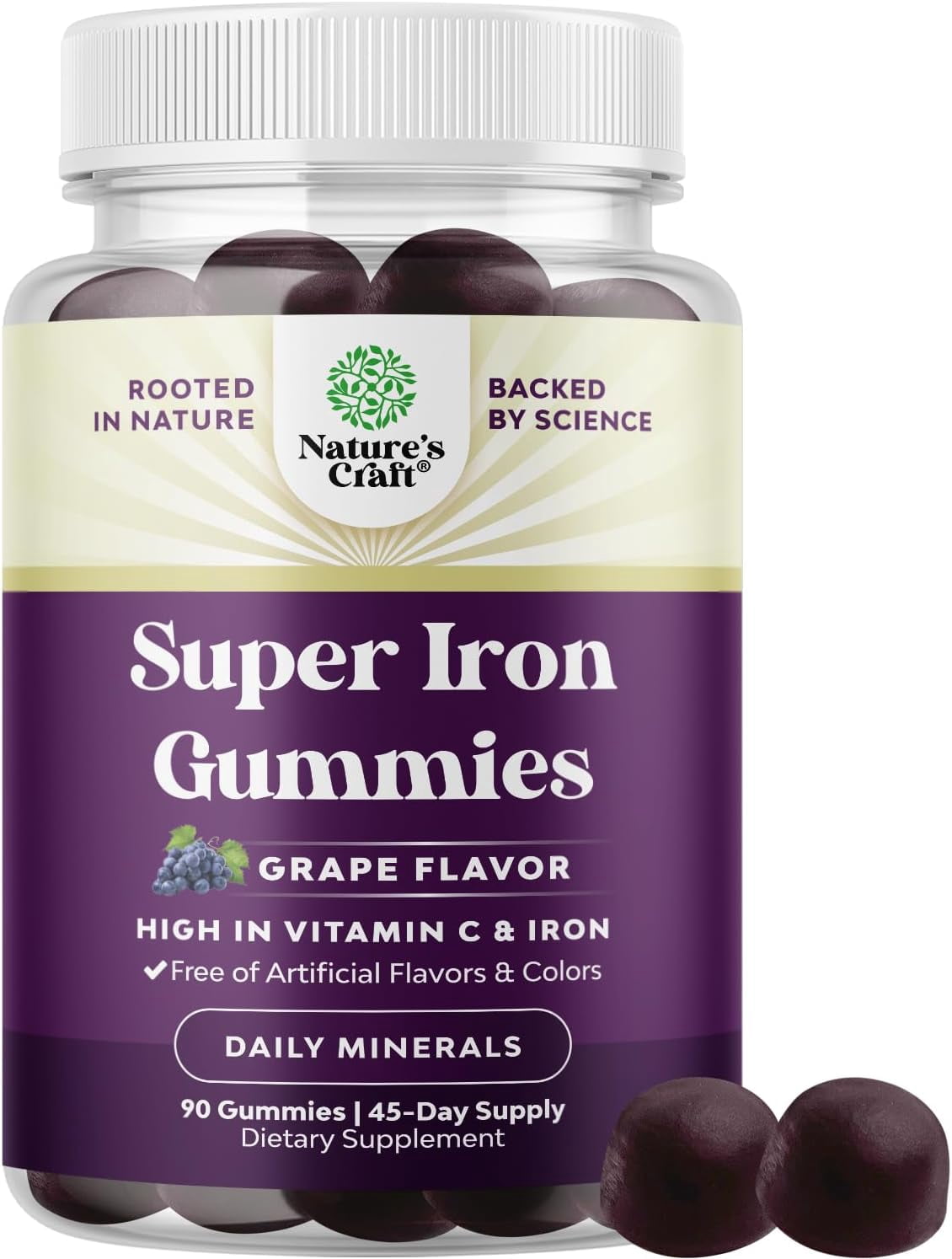 Natures Craft Extra Strength 45mg Iron Gummies with Vitamin C & B Complex, Grape Flavor, 90 Count