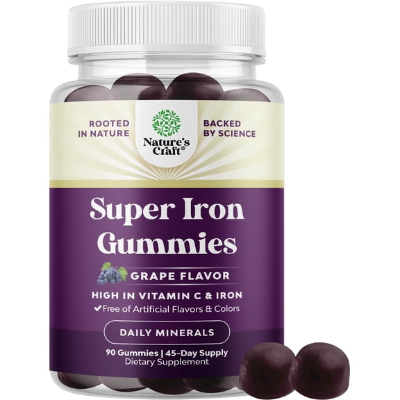 Natures Craft Extra Strength 45mg Super Iron Gummies with Vitamin C, Grape Flavor, 90 Count