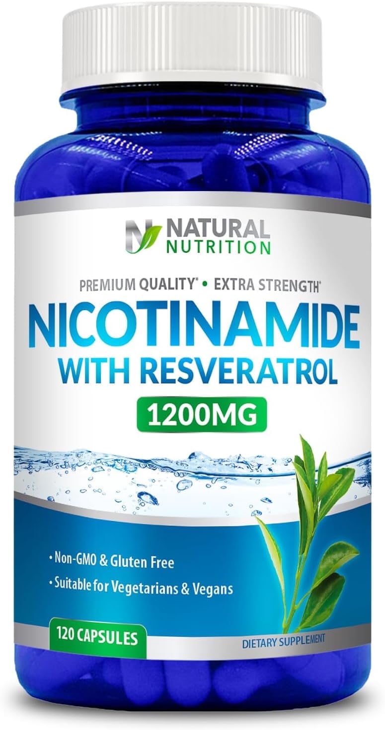 Extra Strength Nicotinamide 1200mg with Resveratrol (Vitamin B-3) 120 Veggie Capsules Gluten Free & Non-GMO