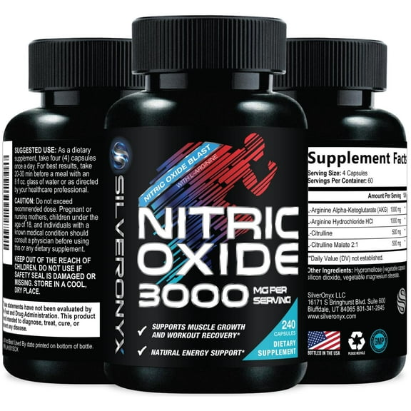 Extra Strength Nitric Oxide Booster 3000mg - 3X L-Arginine AKG & HCI   L-Citrulline Malate - Best Muscle Supporting Nitric Supplement - Natural Energy, Heart Health Support Bottled USA - 240 Capsules