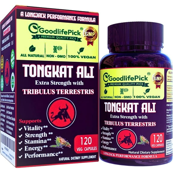 Extra Strength Tongkat Ali with Tribulus Terrestris. Powerful (100:1) Longjack/Tongkat Ali Extract. 120 Veg Capsules Tongkat Ali for Men.All Natural, Non-GMO,Vegan, No Stearate, No Rice Powder