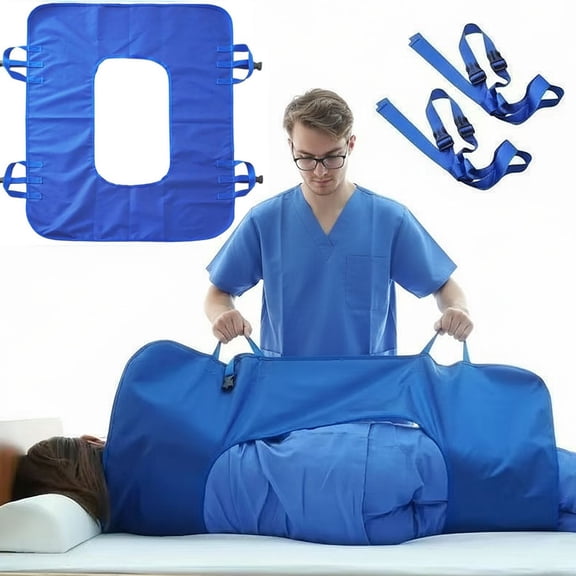 Extra Strong Transfer Bed Pad with Reinforced Handles, 43"x32" Washable Repositioning Sheet, Breathable Non Slip Fabric with Secure Buckles for Lifting & Turning at Home