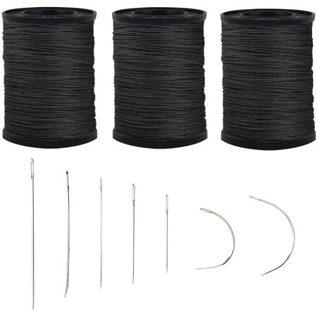 Extra Strong Upholstery Repair Sewing Thread Kit and Heavy Duty Household Hand Needles, Including 7 Styles of Leather Canvas Sewing Needles and 3 Rolls Black Nylon Thread (70 Yard of Each Roll)