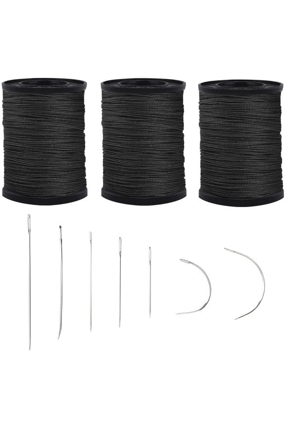 Extra Strong Upholstery Repair Sewing Thread Kit and Heavy Duty Household Hand Needles, Including 7 Styles of Leather Canvas Sewing Needles and 3 Rolls Black Nylon Thread (70 Yard of Each Roll)