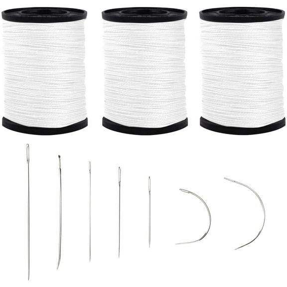 Extra Strong Upholstery Repair Sewing Thread Kit and Heavy Duty Household Hand Needles, Including 7 Styles of Leather Canvas Sewing Needles and 3 Rolls White Nylon Thread (70 Yard of Each Roll)
