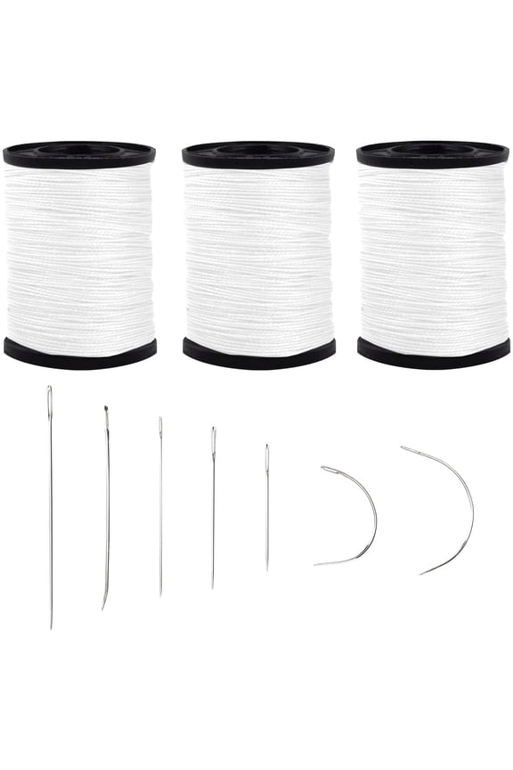 Extra Strong Upholstery Repair Sewing Thread Kit and Heavy Duty Household Hand Needles, Including 7 Styles of Leather Canvas Sewing Needles and 3 Rolls White Nylon Thread (70 Yard of Each Roll)