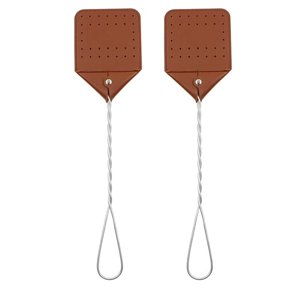 Extra Sturdy Leather Fly Swatter with 17.5 Inch Metal Handle, Long Lasting Bug Swatter for Indoor Kitchen, Patio, Garden, and Outdoor Pest Control(2pcs ,Brown)