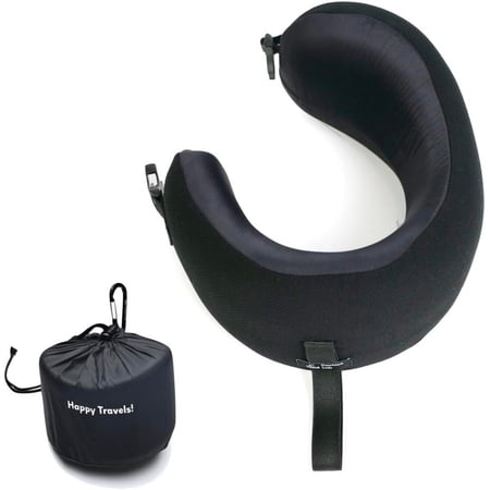 Extra Support Travel Pillow, Award-Winning Patented Ergonomic Design for Chin & Neck Support Memory Foam Neck Pillow, Compact Airplane Pillow for Traveling, Flight, Car (Black, Medium)