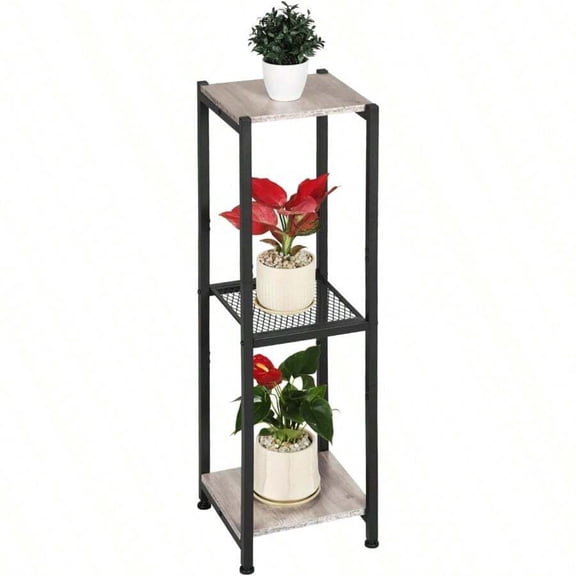 Extra Tall 3-Tier Indoor Plant Stand With Wood & Mesh Shelves Greige And Black