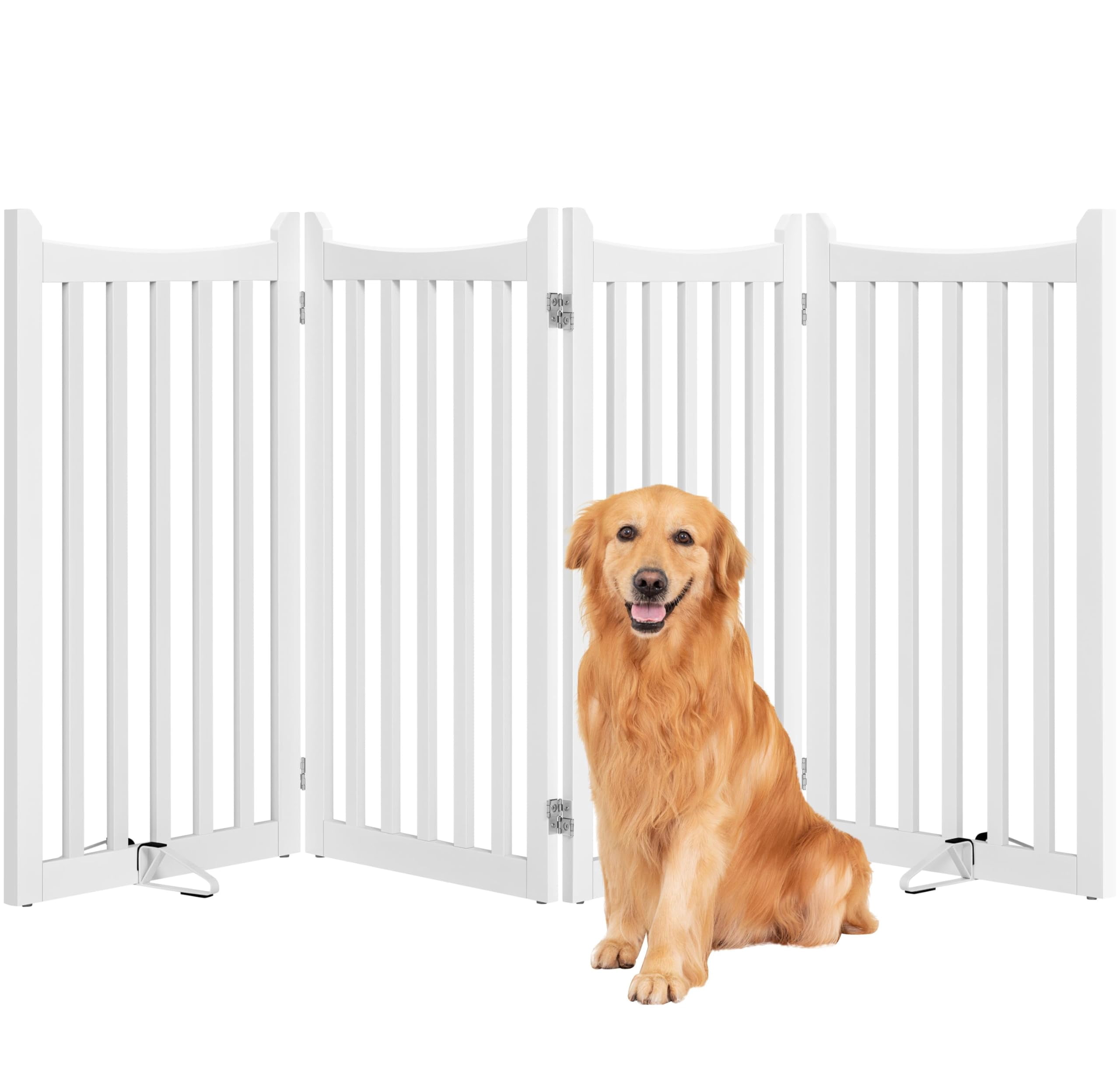 Extra Tall 36 Inch Wooden Pet Gate, 4 Panel Freestanding Dog Fence with Support Feet, Folding Design for Indoor Stairs Doorways Halls Kitchen, White