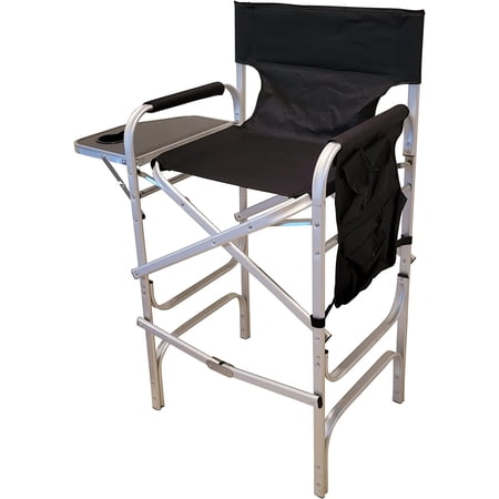 Extra Tall Folding Directors Chair Foldable Chair with Side Table XL Design (Black and Silver)