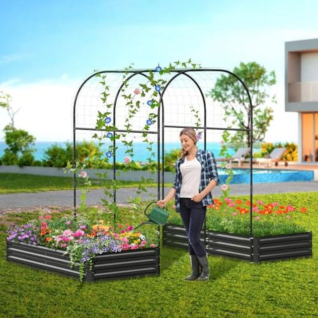 Extra Tall Garden Arch Trellis with Galvanized Raised Garden Bed for