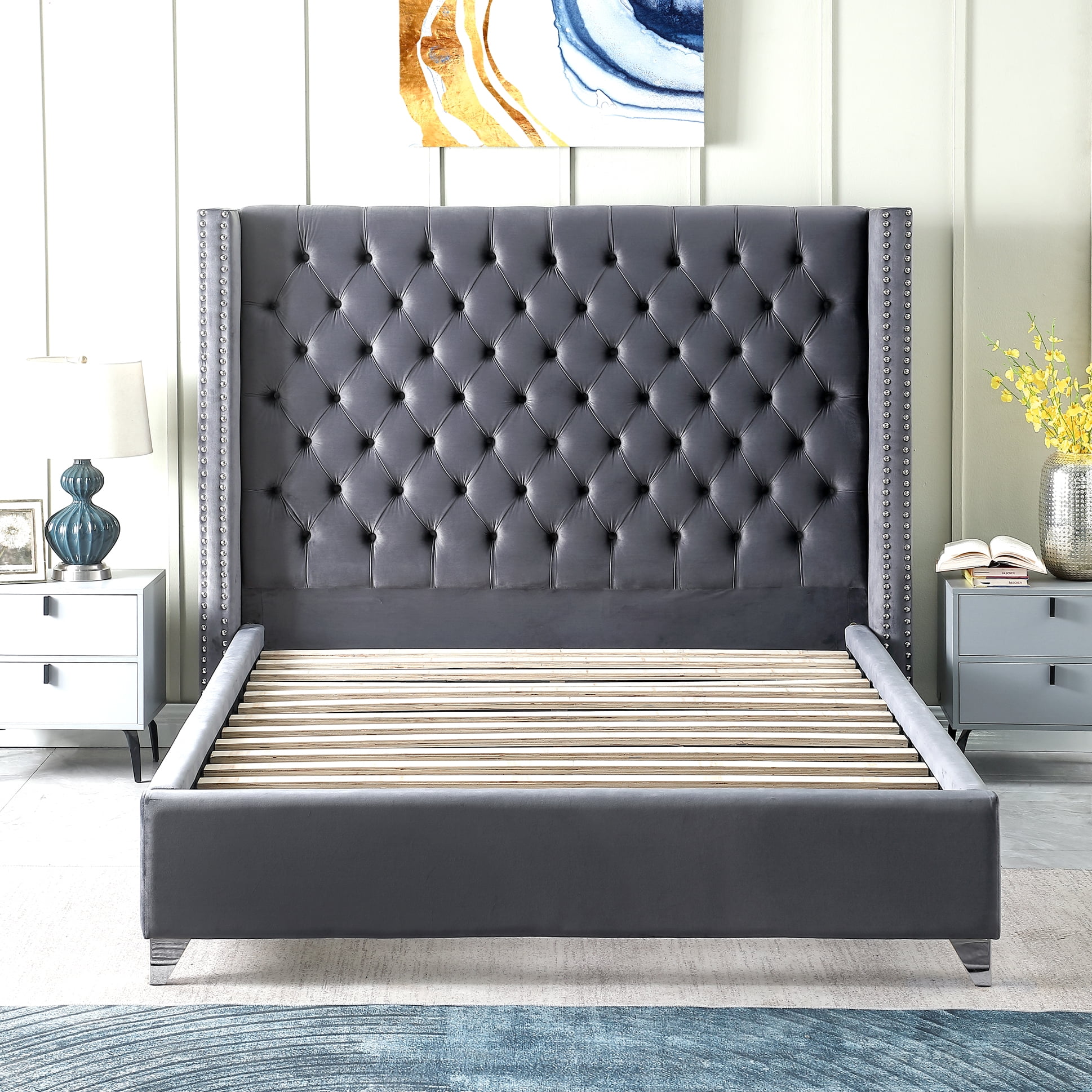 Extra Tall Headboard Velvet Bed, High Foam Padding, Queen Bed With ...