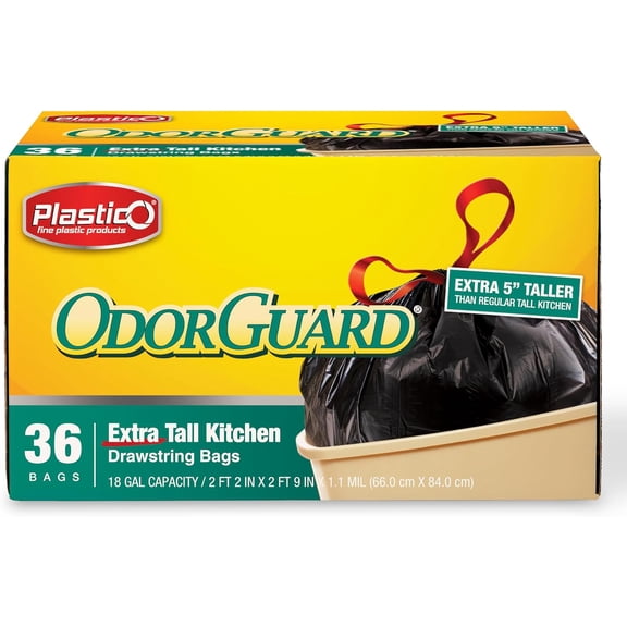Extra Tall Kitchen Trash Bags - 18 Gallon, Black, 36 Garbage Bags, Extra Strong, Easy Drawstrings - Odor Guard Control, Unscented, 1.1 Mil Thick Plastic