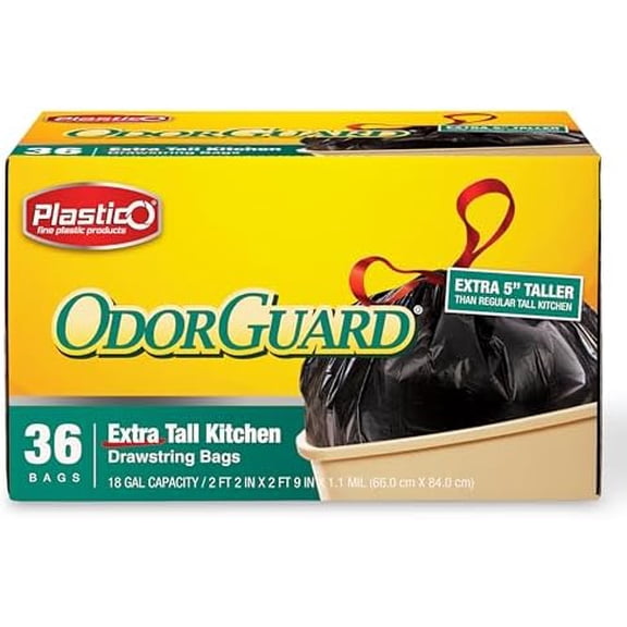 Extra Tall Kitchen Trash Bags - 18 Gallon, Black, 36 Garbage Bags, Extra Strong, Easy Drawstrings - Odor Guard Control, Unscented, 1.1 Mil Thick Plastic