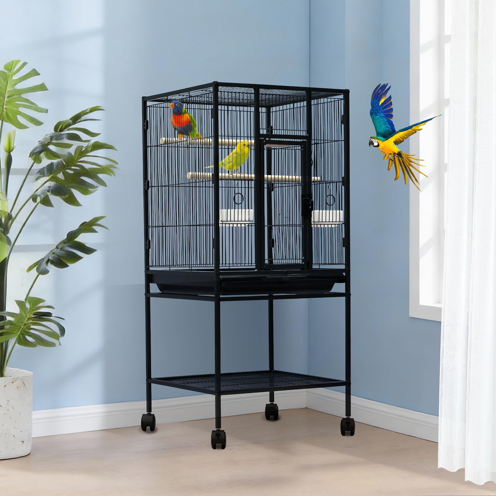 Extra Tall Large Bird Cage, Bird Cage with Rolling Storage Stands, Feed Bowls, Wide Tall Parrot Cage for Parakeets, Conures, Cockatiel, Cockatoo Sturdy Metal Aviary