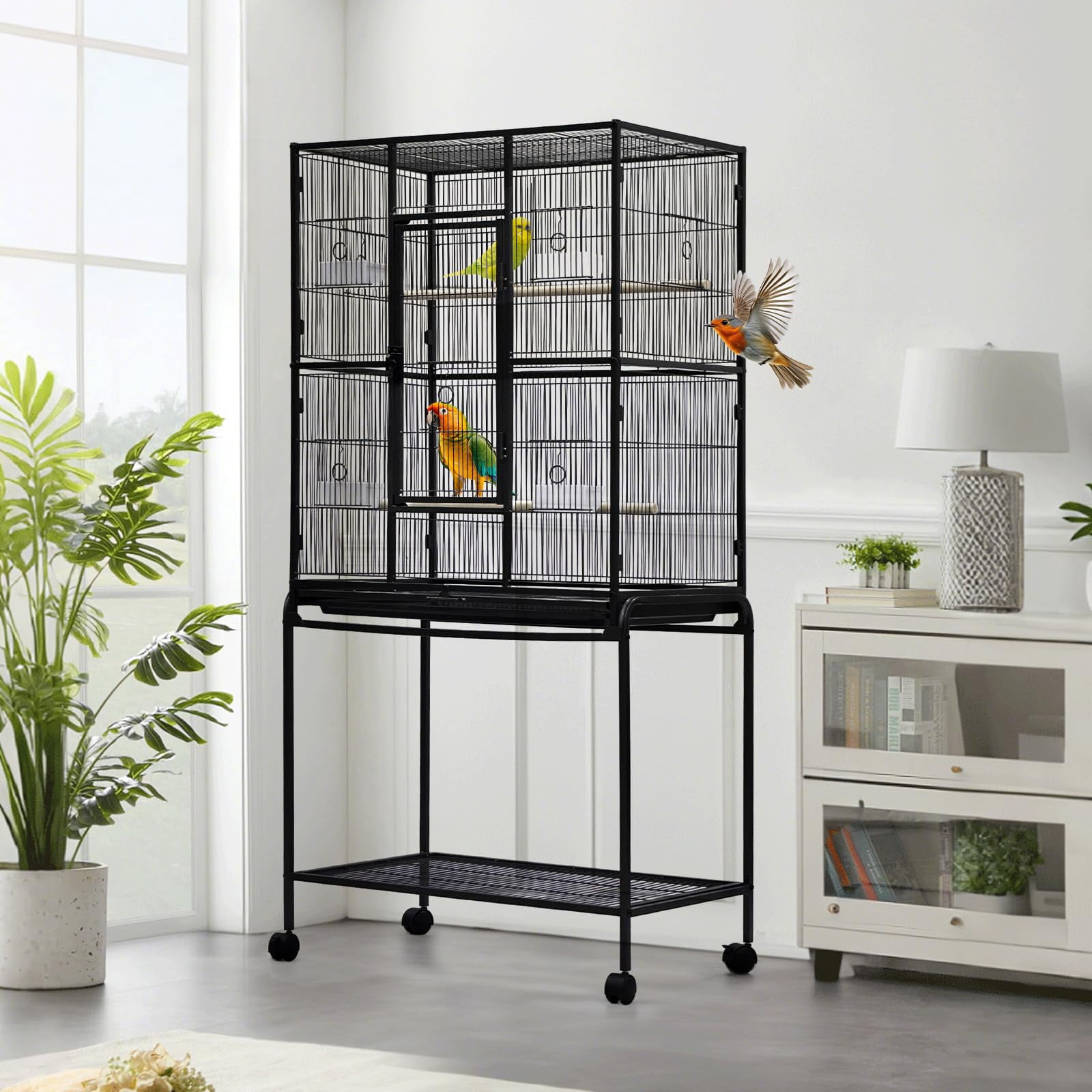 Extra Tall Large Bird Cage, Bird Cage with Rolling Storage Stands, Feed Bowls, Wide Tall Parrot Cage for Parakeets, Conures, Cockatiel, Cockatoo Sturdy Metal Aviary