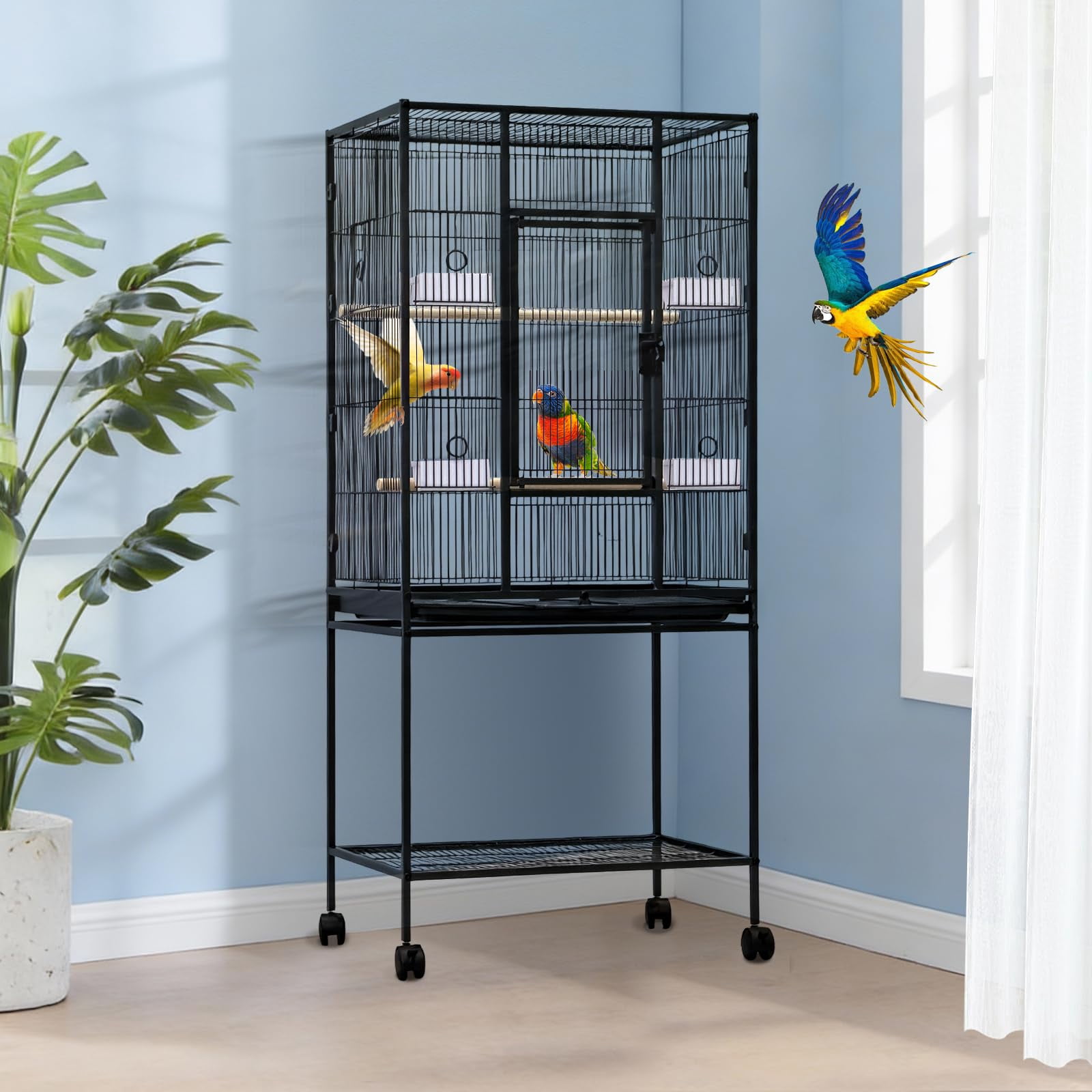 Extra Tall Large Bird Cage, Bird Cage with Rolling Storage Stands, Feed Bowls, Wide Tall Parrot Cage for Parakeets, Conures, Cockatiel, Cockatoo Sturdy Metal Aviary