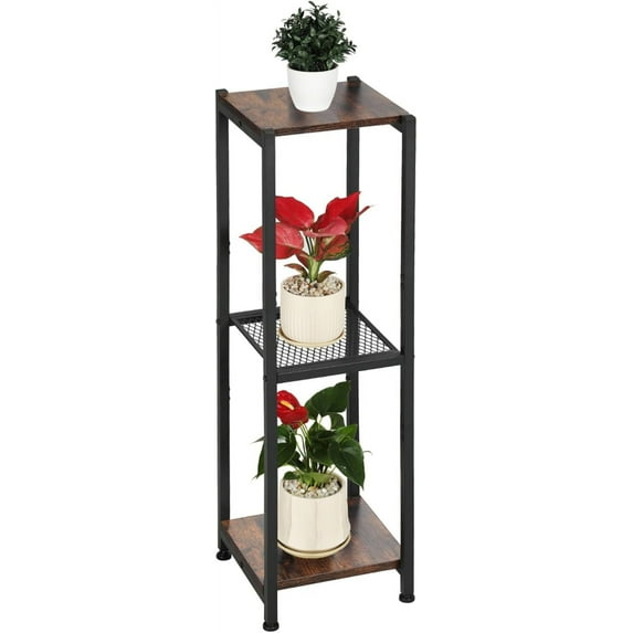 Extra Tall Plant Stand Indoor,40 Inch Plant Stands,3 Tier Metal Plant Stand with Heavy Duty Wood and Metal Mesh Shelf,Rustic Brown and Black