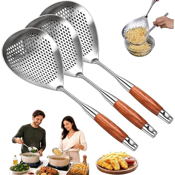 Extra Thick 304 Stainless Steel Skimmer Slotted Spoon Heat Resistant Wooden Handle Spider Strainer For Deep Frying Boiling Oil Draining 3 Pack(K)