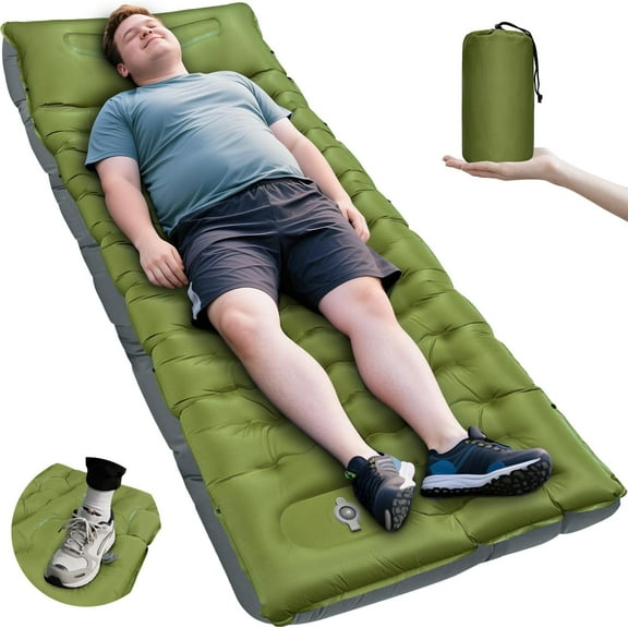 Extra-Thick 6-Inch Inflatable Sleeping Pad with Built-In Foot Pump, Integrated Pillow, and Snap-Button Connection Green Grey Single
