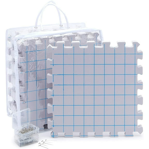 Extra Thick Blocking Mats for Knitting & Crochet 9 Pack with 200 T Pins and Storage Bag (12.5 In)