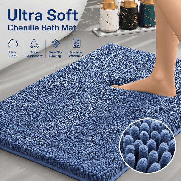 Extra Thick Chenille Bath Mat, Ultra Soft Absorbent Bathroom Rug, Non-Slip Backing, Quick Dry Plush Shower Floor Mat, Machine Washable, Luxury Spa Mat for Bathroom, Tub & Sink