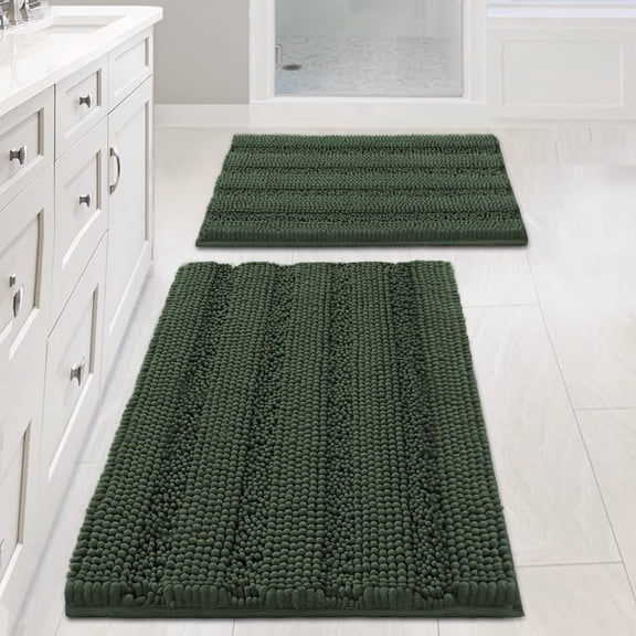 Extra Thick Chenille Striped Bath Rug Set Non Slip Soft Plush Shaggy Floor Mat Indoor Entryway Bronze Green 20 x 32 Inches Plus 17 x 24 Inches