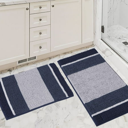 PrimeBeau Versailtex Microfiber Chenille Absorbent Striped Shaggy Bath Rug, 32" x 20" Plus 24" x 17" Inches, Navy