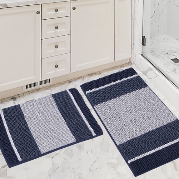 PrimeBeau Versailtex Microfiber Chenille Absorbent Striped Shaggy Bath Rug, 32" x 20" Plus 24" x 17" Inches, Navy