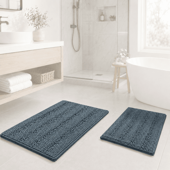 PrimeBeau Thick Chenille Striped Bath Rug Set, Non Slip(32 x 20 Plus 24 x 17 inch), Stone Blue Color