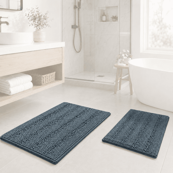 PrimeBeau Thick Chenille Striped Bath Rug Set, Non Slip(32 x 20 Plus 24 x 17 inch), Stone Blue Color
