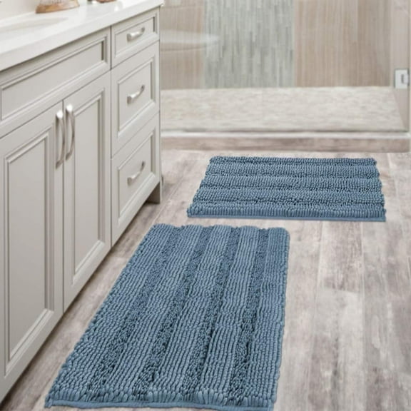 Extra Thick Chenille Striped Pattern Bath Rugs for Bathroom Non Slip - Soft Plush Shaggy Bath Mats for Bathroom Floor, Indoor Mats Rugs for Entryway(Stone Blue, 32 x 20 Plus 24 x 17 - Inches)