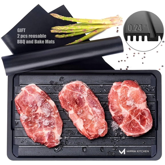 Extra Thick Fast Defrosting Tray - Dishwasher Safe Large Thawing Plate with Drip Tray Set - Non-Stick Coated Thawing Board for Frozen Meat and Food - No Plug Natural Defrost Miracle Thaw Master Mat