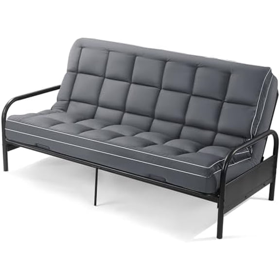 Extra Thick Fitted Futon Mattress Cover Full Size with Anti-Slip Elastic, Plush Down-Alternative Filling for Enhanced Comfort, 100% Polyester Futon Topper, Grey, Cover Only