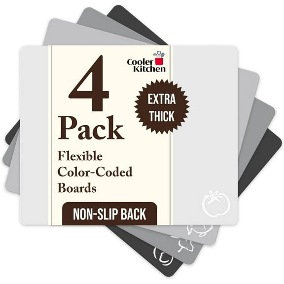 Extra Thick Flexible Cutting Mat Set With Food Icons & "Ez-grip" Back (Set of 4 Mats) - Flexible Cutting Boards for Kitchen - Flexible Plastic Cutting Board Set (Black and White)