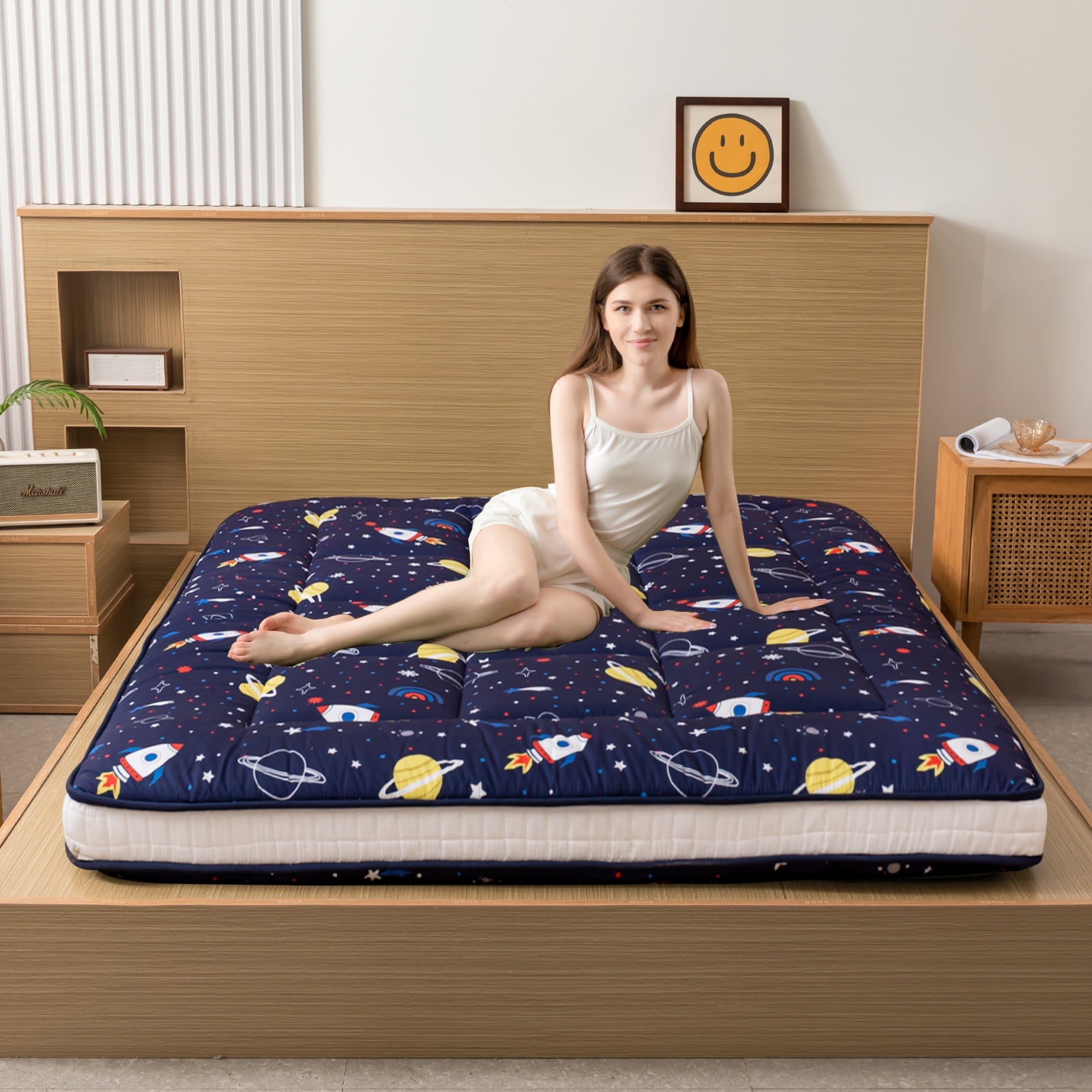 Thick Futon Memory Foam Floor Mattress, Foldable, Navy Space, Twin Size