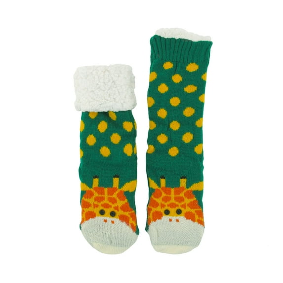 Extra Thick Fuzzy Thermal Cabin Fleece-lined Knitted Non-skid Crew Sock, Giraffe - 1 Pair