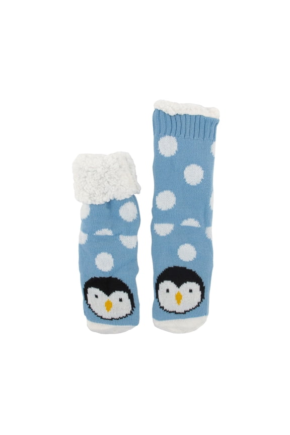 Extra Thick Fuzzy Thermal Cabin Fleece-lined Knitted Non-skid Crew Sock, Penguin - 1 Pair