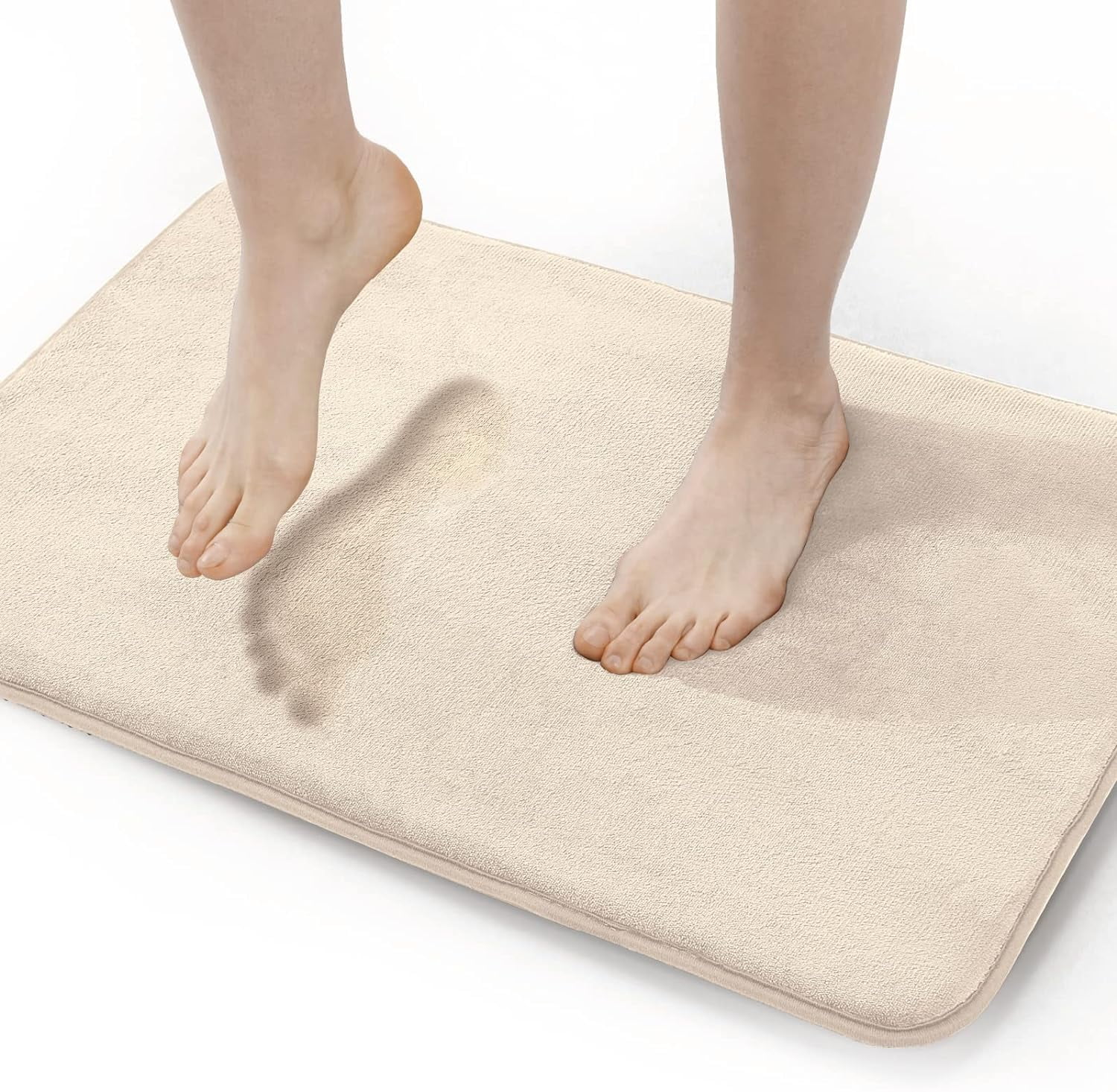 Extra Thick Memory Foam Bath Rug (20x32 Beige) Nonslip Absorbant Super Cozy Velvet Bathroom Mat, Premium Soft Plush Comfortable Carpet for Bath Room Shower Floor Tub, Machine Washable
