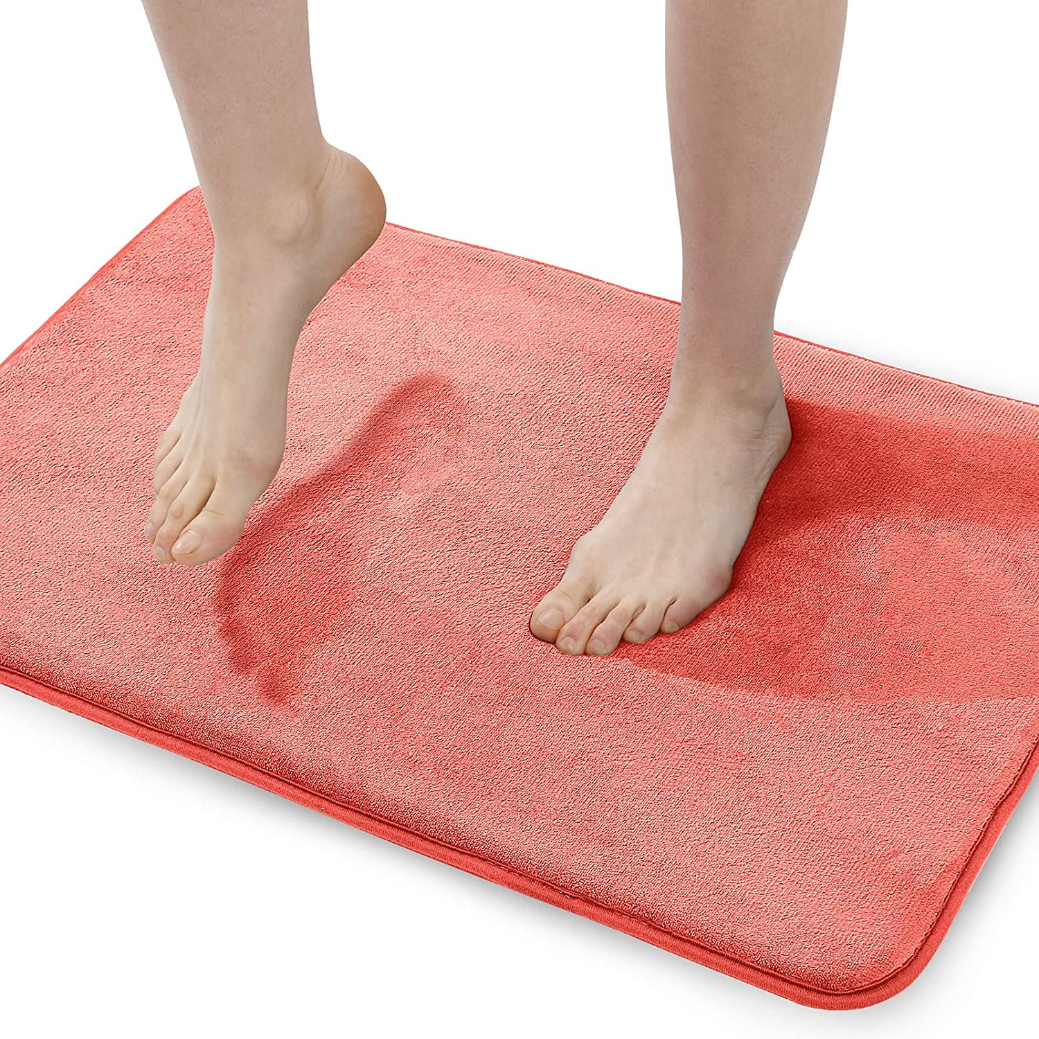 Extra Thick Memory Foam Bath Rug (20x32 Coral) Nonslip Absorbant Super Cozy Velvet Bathroom Mat, Premium Soft Plush Comfortable Carpet for Bath Room Shower Floor Tub, Machine Washable