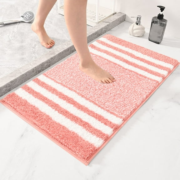 Extra Thick Microfiber Striped Door Mat, Non-slip Water Absorbent Floor Rug, for Bathroom Kitchen and Entryway, Quick Drying Foot Mat, Pink, by FAJHHA
