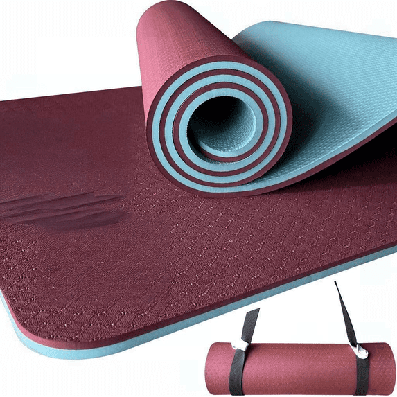 Extra Thick Non-Skid Dual Surface Yoga Mat, 72" x 24" x 2/5", Eco-Friendly POE, Includes Carrying Strap, Dark Red & Blue Gray