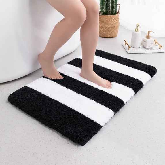 Extra Thick Plush Bathroom Rugs Non Slip Absorbent Soft Microfiber Bath Mat Machine Washable Fluffy Shaggy Rug 17x24 Black and White