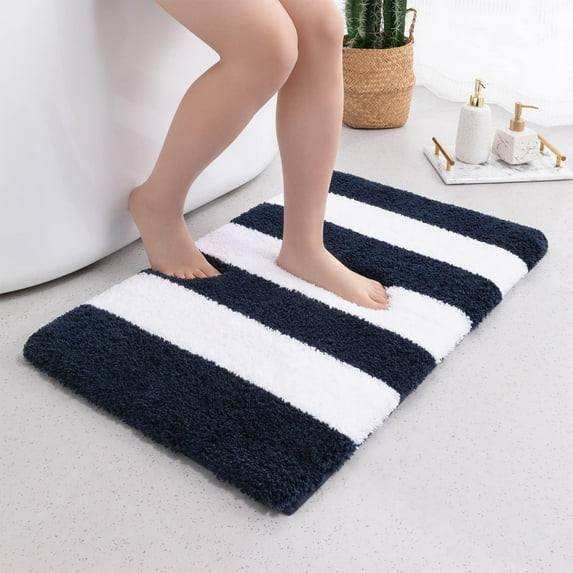 Extra Thick Plush Bathroom Rugs Non Slip Absorbent Soft Microfiber Bath Mat Machine Washable Fluffy Shaggy Rug 20x32 Dark Blue and White