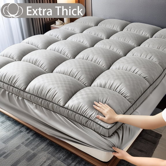 Extra Thick Plush Mattress Topper, Deep Pocket Fitted Bed Pad, Soft Breathable Mattress Protector, All-Season Use (Grey,Queen)