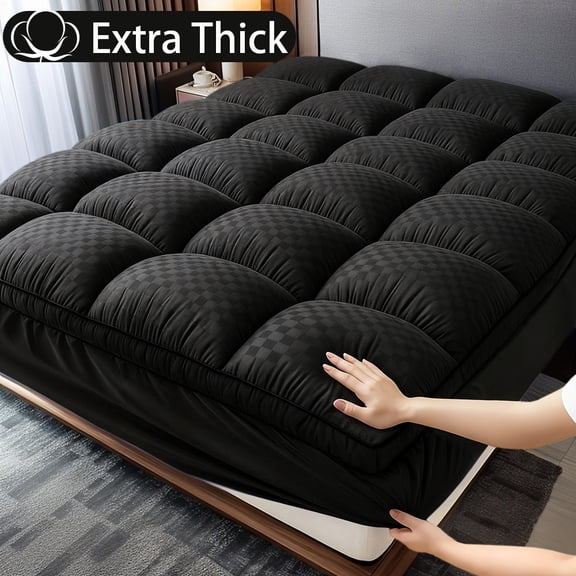 Extra Thick Plush Mattress Topper, Deep Pocket Fitted Bed Pad, Soft Breathable Mattress Protector, All-Season Use (black,Queen)
