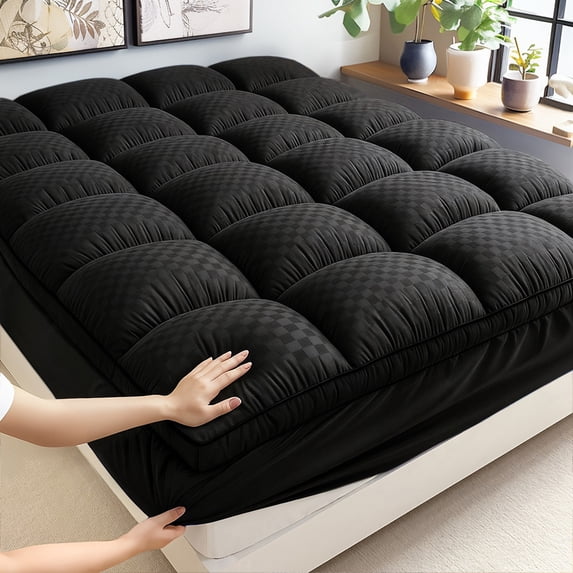 Extra Thick Plush Mattress Topper, Deep Pocket Fitted Bed Pad, Soft Breathable Mattress Protector, All-Season Use (black,Twin)