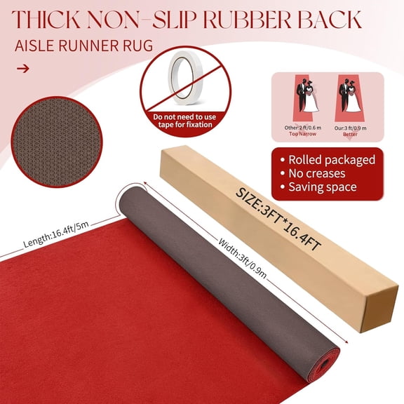 Extra Thick Red Carpet Runner for Party 3x16.4 ft, Non-Slip Rubber Back Red Aisle Runway Rug for Step, Felt Rug for Proms Proposal Wedding Ceremony Decorations Event Runway Long Term Use-3x16.4 ft